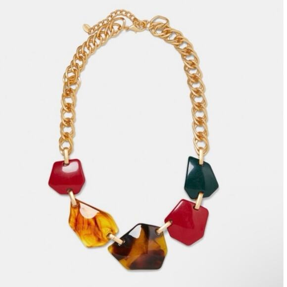 Zara Gold Tone Green, Red, Faux Tortoise Resin Chunky Statement
Necklace - Picture 3 of 9